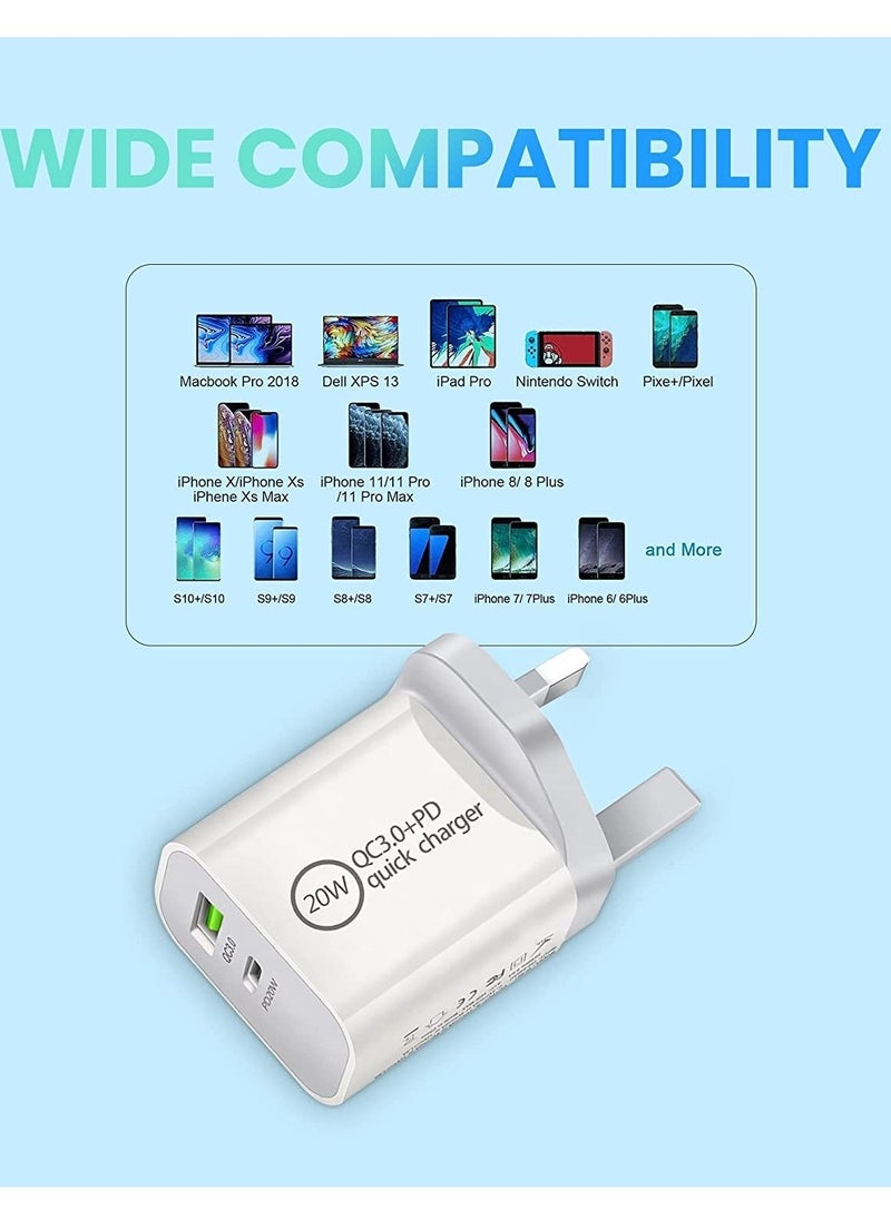 USB C 20W Fast PD Wall Charger, 3.0 Quick Charging Dual-Port Power Adapter Compatible with iPhon 14 Pro/14 Pro Max/13 mini/12/11, New iPd 9, iPd mini 6, Galaxy S20 - White