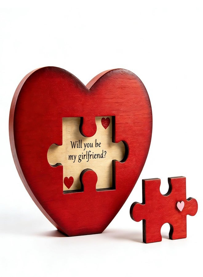 SNILOAW Will You Be My Girlfriend, Valentines Proposal Gift Ideas Will You Be My Girlfriend Proposal Sign for Valentine Day Girlfriend Day Christmas Wood Heart Shaped Gift Puzzle Piece Sign with Hidden - Image 1