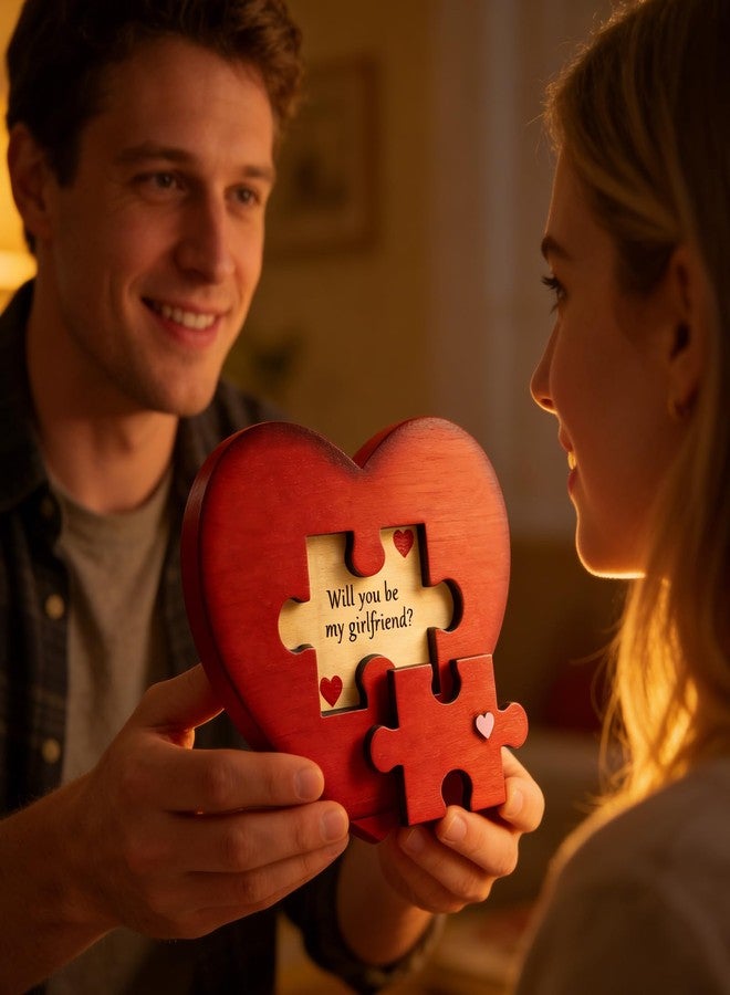 SNILOAW Will You Be My Girlfriend, Valentines Proposal Gift Ideas Will You Be My Girlfriend Proposal Sign for Valentine Day Girlfriend Day Christmas Wood Heart Shaped Gift Puzzle Piece Sign with Hidden - Image 2