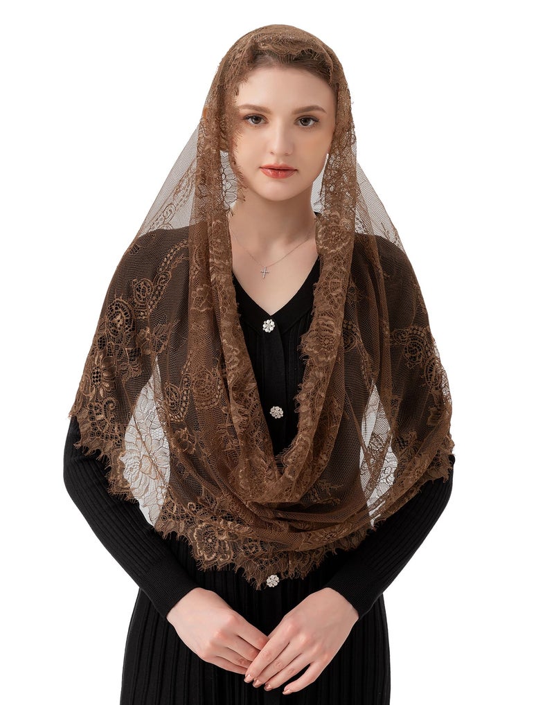 PAMOR Spanish Style Lace Traditional Vintage Inspired Infinity Shape Mantilla Veil Latin Mass Head Covering (Brown) - Image 1