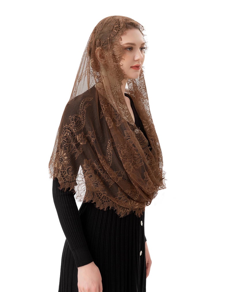 PAMOR Spanish Style Lace Traditional Vintage Inspired Infinity Shape Mantilla Veil Latin Mass Head Covering (Brown) - Image 3