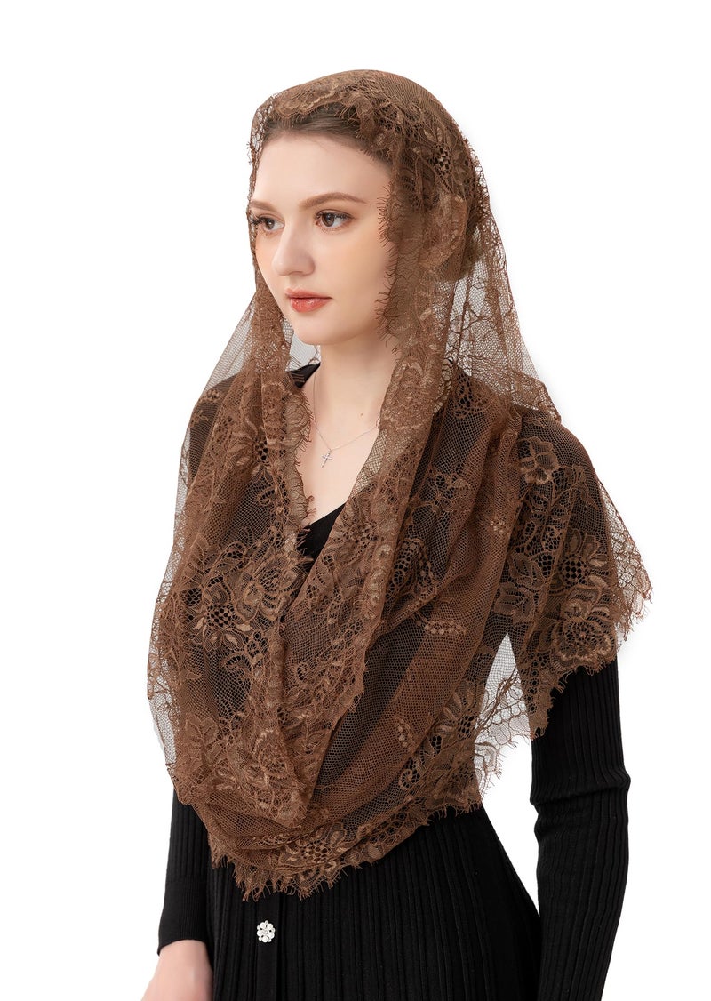 PAMOR Spanish Style Lace Traditional Vintage Inspired Infinity Shape Mantilla Veil Latin Mass Head Covering (Brown) - Image 4
