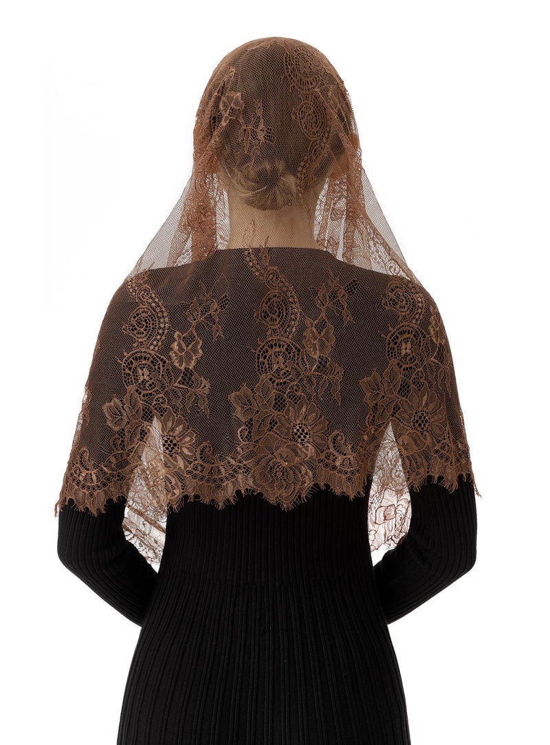 PAMOR Spanish Style Lace Traditional Vintage Inspired Infinity Shape Mantilla Veil Latin Mass Head Covering (Brown) - Image 5