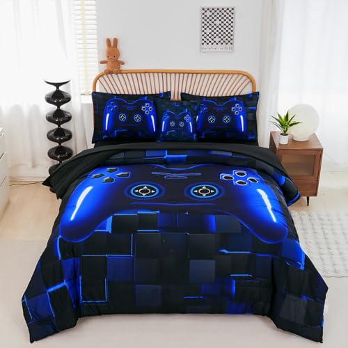 PERFEMET Twin Size Bed in A Bag 6 Pieces Gaming Bedding Set for Boys Blue Gamer Comforter with Sheet Set for Kids Teen Cool Video Game Black Quilt Bedding Set(Blue, Twin) - Image 1