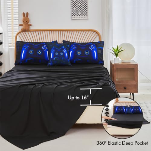 PERFEMET Twin Size Bed in A Bag 6 Pieces Gaming Bedding Set for Boys Blue Gamer Comforter with Sheet Set for Kids Teen Cool Video Game Black Quilt Bedding Set(Blue, Twin) - Image 5