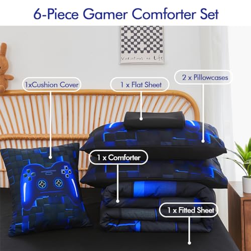 PERFEMET Twin Size Bed in A Bag 6 Pieces Gaming Bedding Set for Boys Blue Gamer Comforter with Sheet Set for Kids Teen Cool Video Game Black Quilt Bedding Set(Blue, Twin) - Image 3