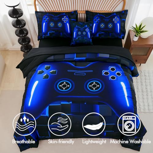PERFEMET Twin Size Bed in A Bag 6 Pieces Gaming Bedding Set for Boys Blue Gamer Comforter with Sheet Set for Kids Teen Cool Video Game Black Quilt Bedding Set(Blue, Twin) - Image 4