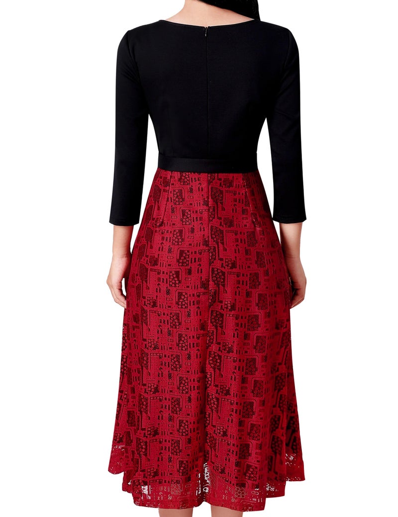 VFSHOW Womens Black Red Lace Colorblock Elegant Pockets Cocktail Party Pleated A-Line Midi Dress 9952 RED XL - Image 2