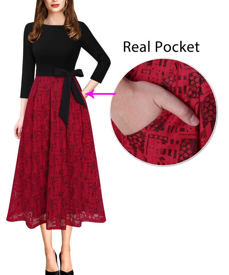 VFSHOW Womens Black Red Lace Colorblock Elegant Pockets Cocktail Party Pleated A-Line Midi Dress 9952 RED XL - Image 5