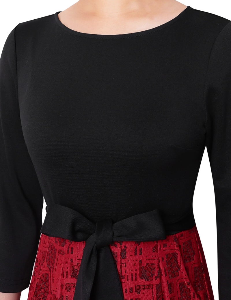 VFSHOW Womens Black Red Lace Colorblock Elegant Pockets Cocktail Party Pleated A-Line Midi Dress 9952 RED XL - Image 3