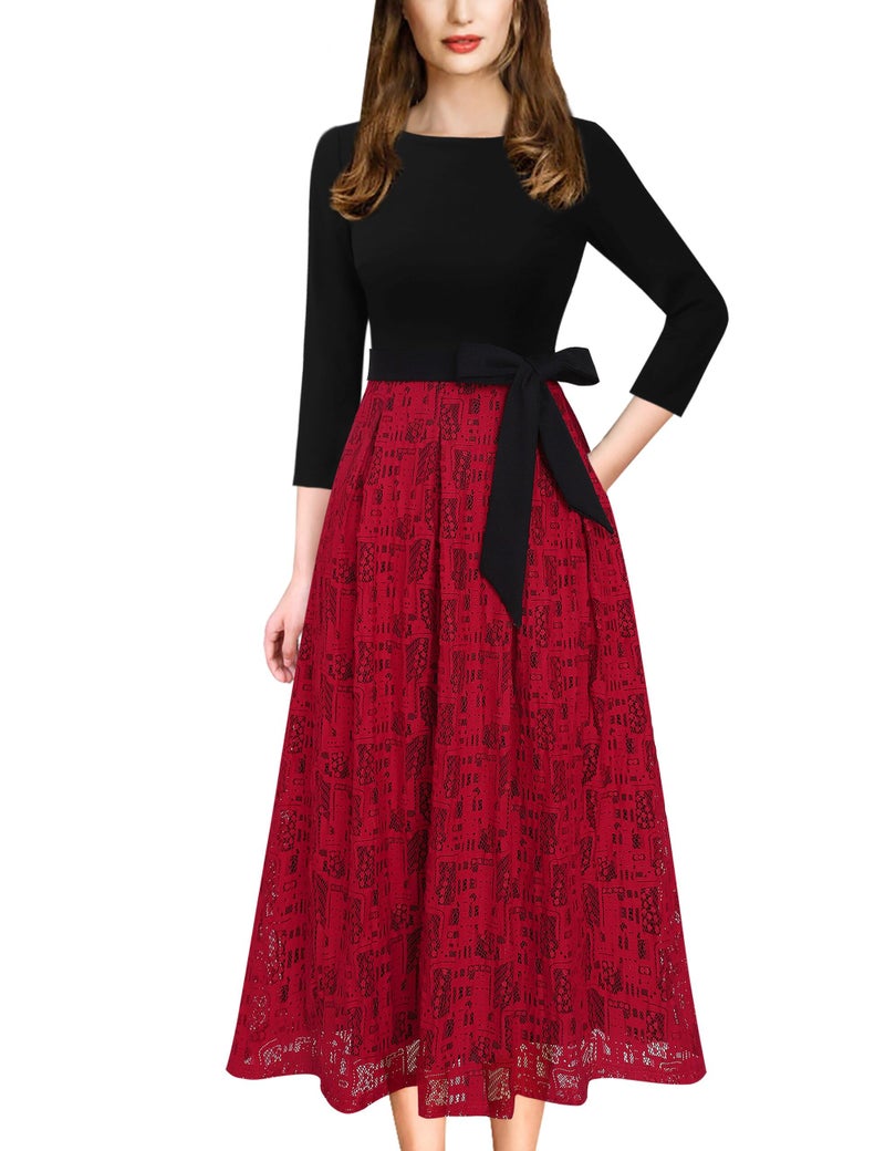 VFSHOW Womens Black Red Lace Colorblock Elegant Pockets Cocktail Party Pleated A-Line Midi Dress 9952 RED XL - Image 1