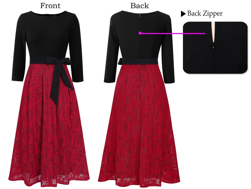 VFSHOW Womens Black Red Lace Colorblock Elegant Pockets Cocktail Party Pleated A-Line Midi Dress 9952 RED XL - Image 4