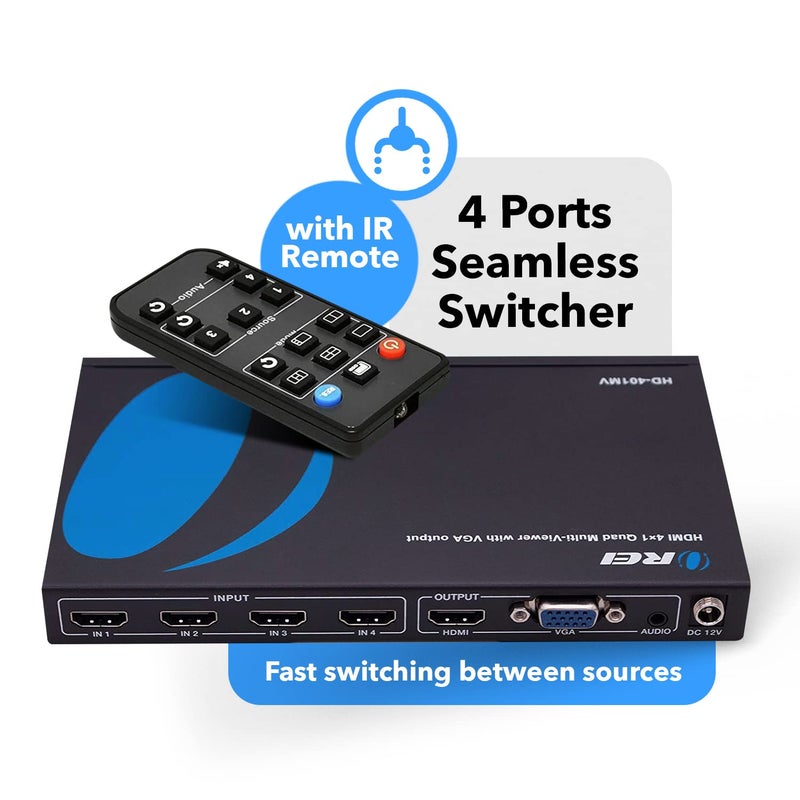 OREI HDMI Switcher 4 in 1 Out with Quad Screen Multiviewer - Supports 1080p, DTS/Dolby Audio, IR Remote Control, Seamless Switching, Compatible with HDMI Devices - Image 2