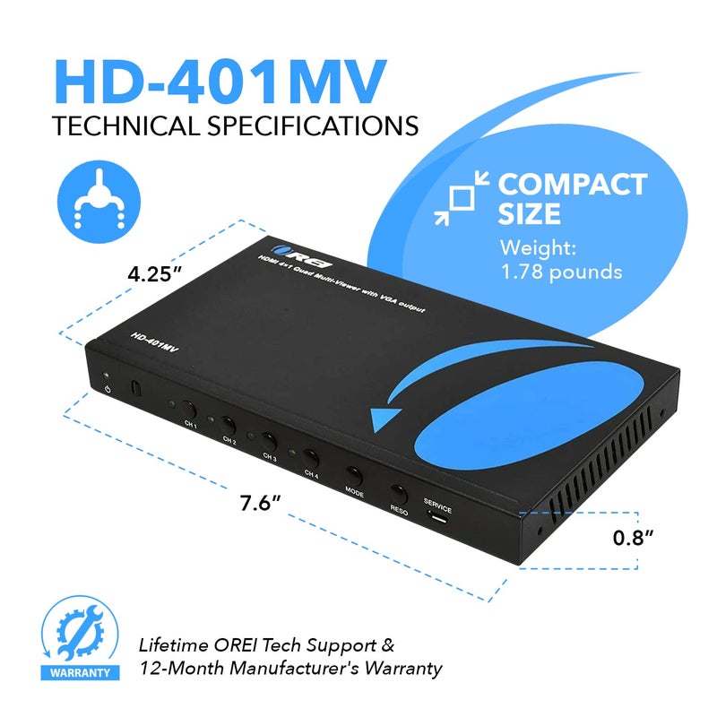 OREI HDMI Switcher 4 in 1 Out with Quad Screen Multiviewer - Supports 1080p, DTS/Dolby Audio, IR Remote Control, Seamless Switching, Compatible with HDMI Devices - Image 5