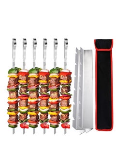 Barbecue Skewer Kabob Skewers Stainless Steel Shish Kabob Skewers Flat BBQ Metal Skewers Reusable Grilling Skewers for Grilling 6 Skewers 2 Grill Racks with Storage Bag