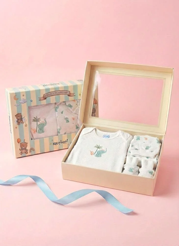 نوتيناتي Nautinati Baby Boys' 100% Cotton White Graphic Printed 5-pieces Gift Set