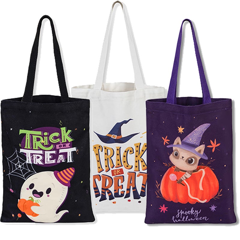 ATFUNSHOP Trick or Treat Bags Halloween Bags 3PACKS Cat Ghost Canvas Reusable Large Tote Bucket for Kids