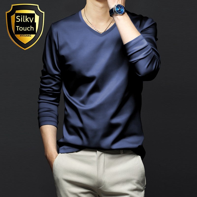 High-end modal long-sleeved t-shirt men's V-neck solid white inner wear New  base shirt autumn clothes small shirt thin style - Image 1