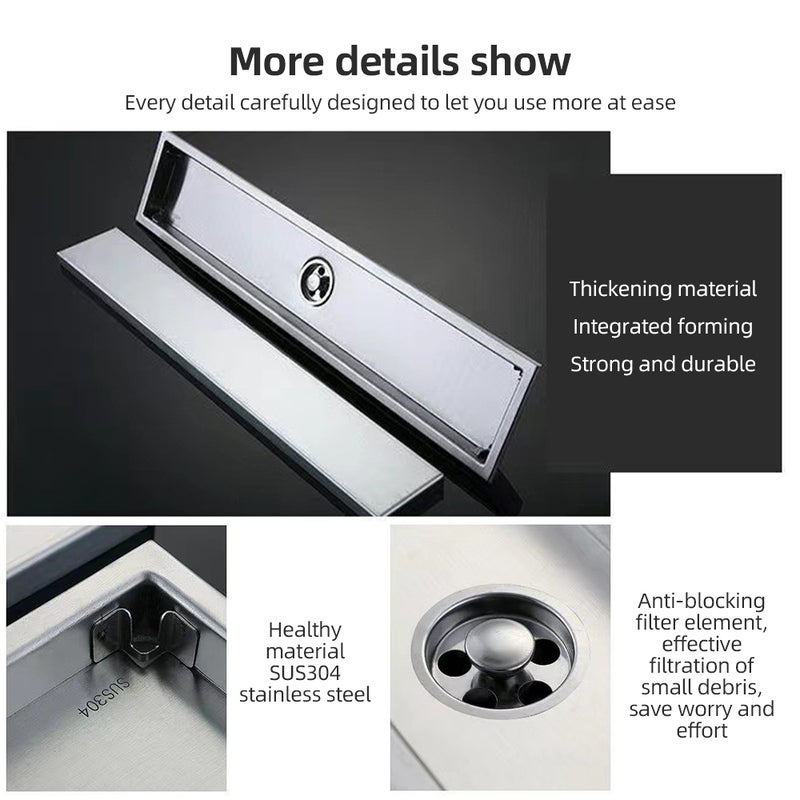 Linear Shower Drain 20 Inch with Hair Strainer 3in Outlet and 2-in-1 Tile Insert Cover Smell Proof Brushed 304 Stainless Steel Bathroom Floor Drain Quick Drainage Rectangular Shower Drain - Image 5