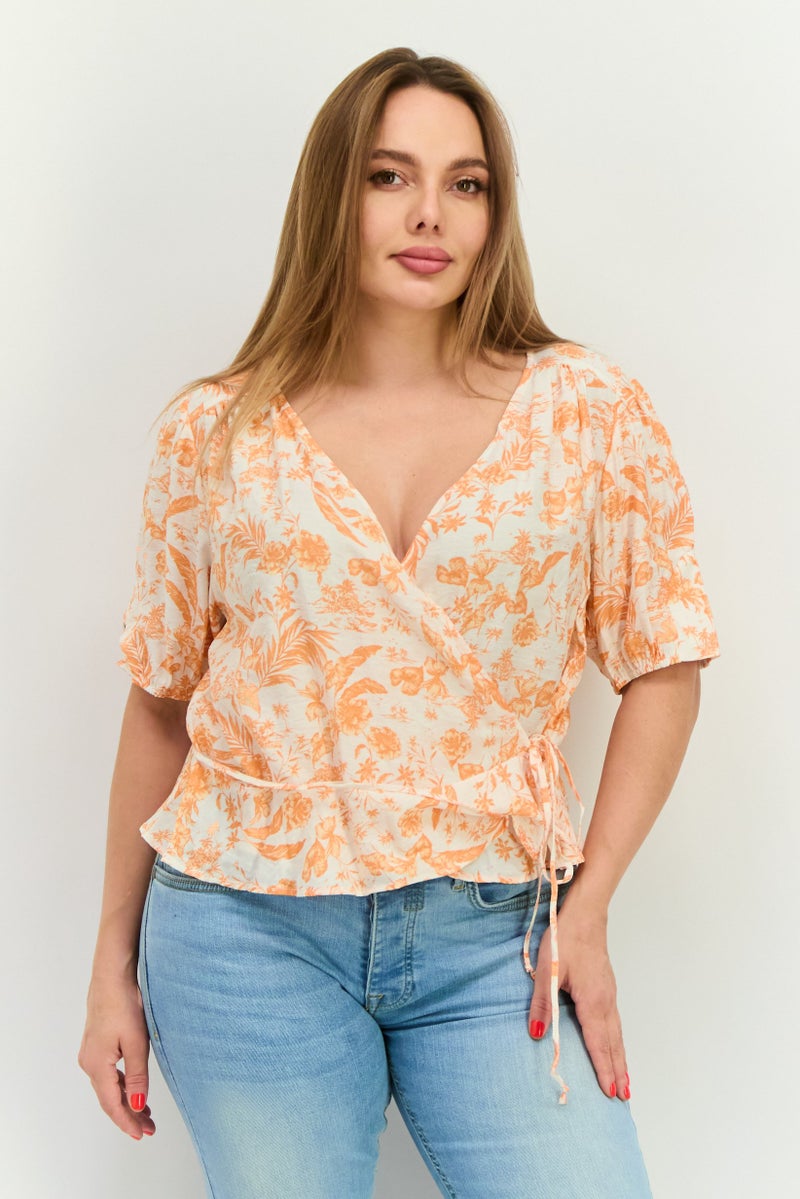 MANGO Women Surplice Neck Short Sleeves Floral Pattern Blouse, White  - Image 1