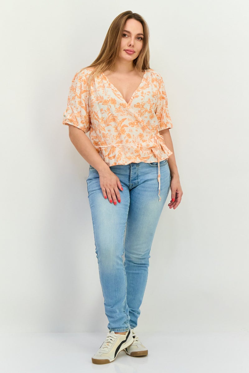 MANGO Women Surplice Neck Short Sleeves Floral Pattern Blouse, White  - Image 4