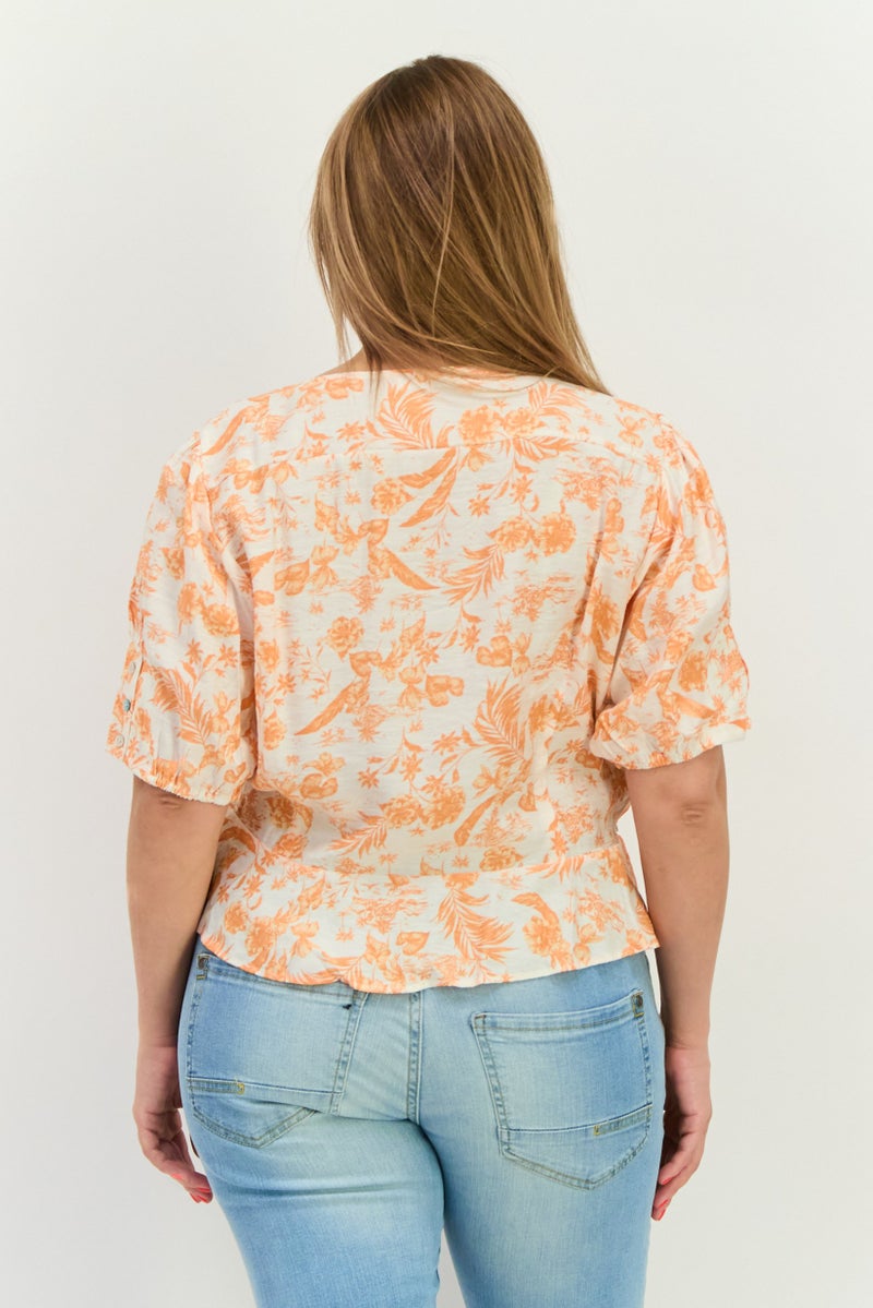MANGO Women Surplice Neck Short Sleeves Floral Pattern Blouse, White  - Image 3