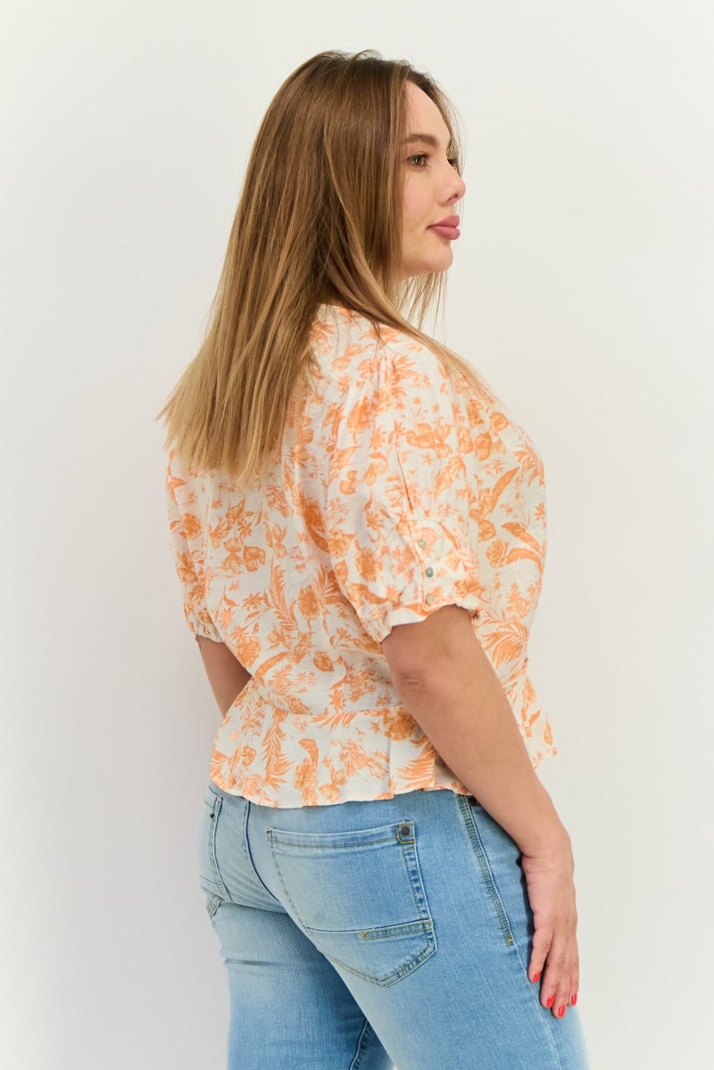 MANGO Women Surplice Neck Short Sleeves Floral Pattern Blouse, White - Image 2