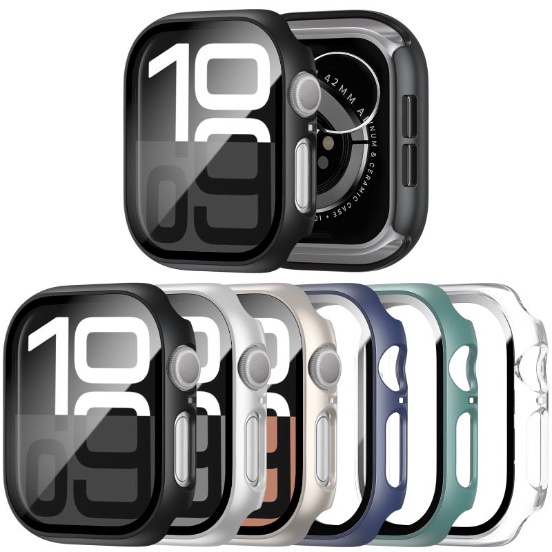JERXUN 6 Pack Case with Tempered Glass Screen Protector for Apple Watch Series 11 Series 10 46mm, Ultra-Thin Scratch Resistant Full Protective Hard PC Bumper Cover for Apple Watch 46mm - Image 1