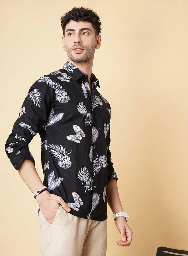 The Indian Garage Co Men Slim Fit Floral Printed Full Sleeves Cutaway Collar Casual Shirt