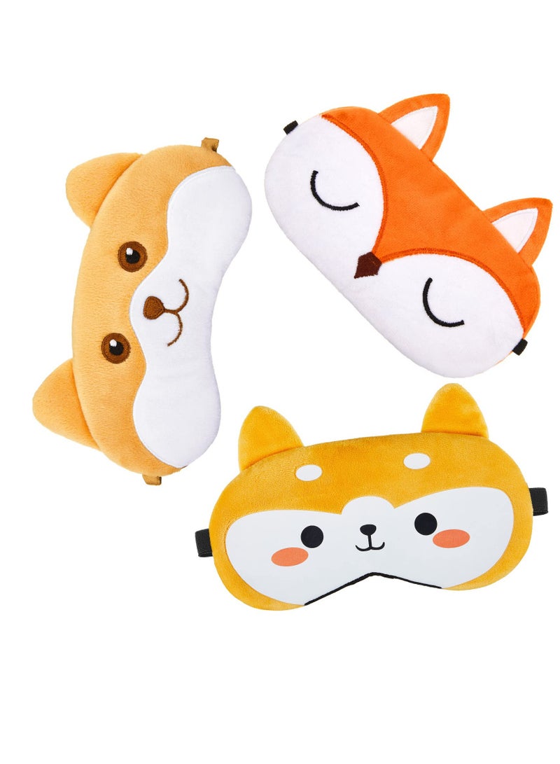 Eye Mask,3 Pcs Cute Cartoon Travel Shading Eye Mask, Cartoon Dog Face Eye Cover Funny Animal Cat Sleeping Mask, Lightweight Fun Eye Masks for Kids Boys and Girls (Fox Cat Dog) - Image 1