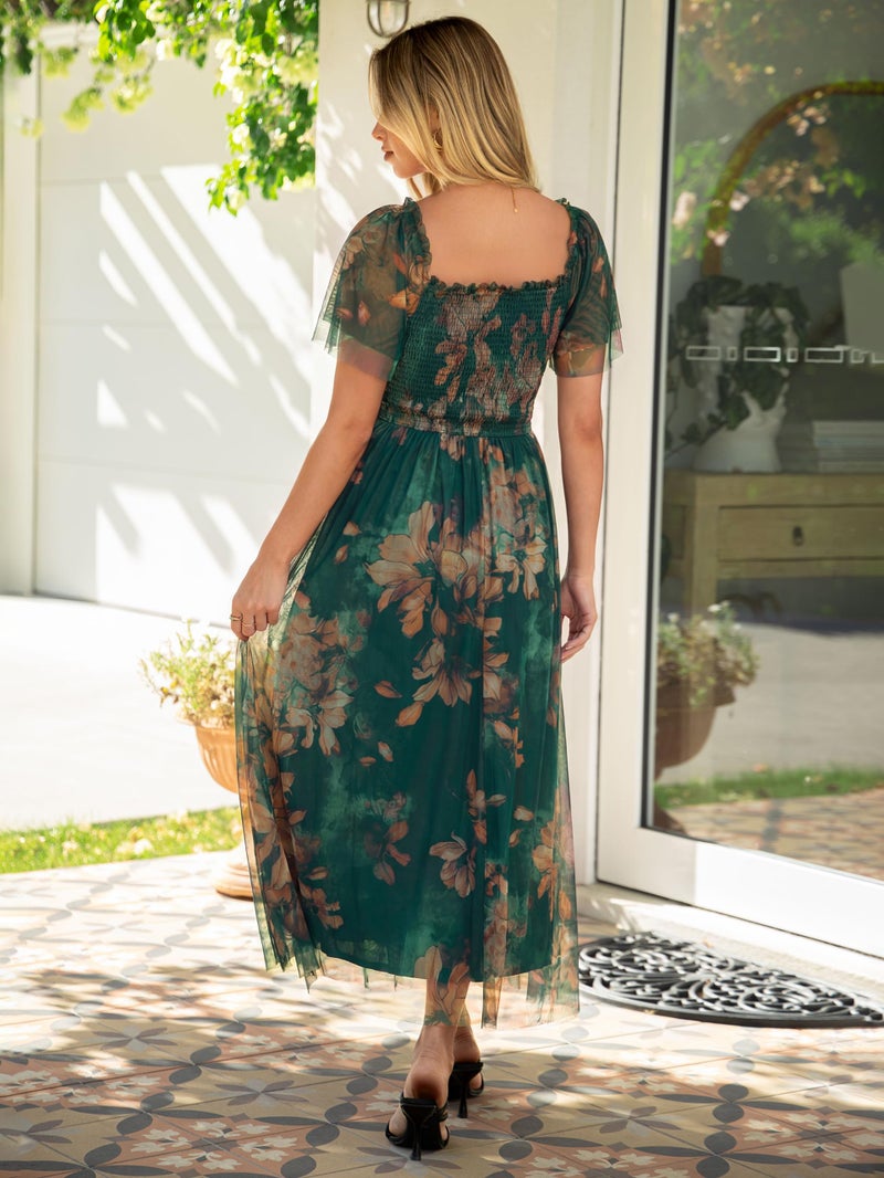 Simplee Womens Floral Maxi Dresses 2026 Summer Smocked Empire Waist Square Neck Short Sleeve Wedding Guest Party Dress - Image 3