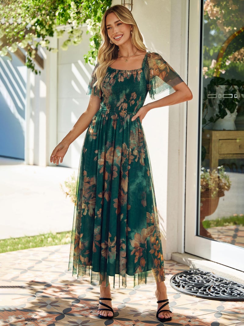 Simplee Womens Floral Maxi Dresses 2026 Summer Smocked Empire Waist Square Neck Short Sleeve Wedding Guest Party Dress - Image 2