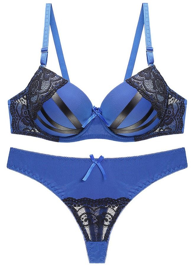 Lace Bra Panty Set Women's Underwear Set Blue And Black Color Matching