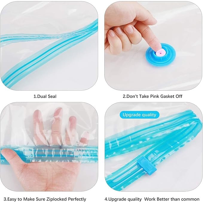 ROMJ Space Saver Pack of 5 Reusable Vacuum Storage Ziplock Compression Sealer Bags for Travel clothes and home Blankets Quilts with hand Pump 2 Small 2 Medium 1 Large Hand Pump - Image 4
