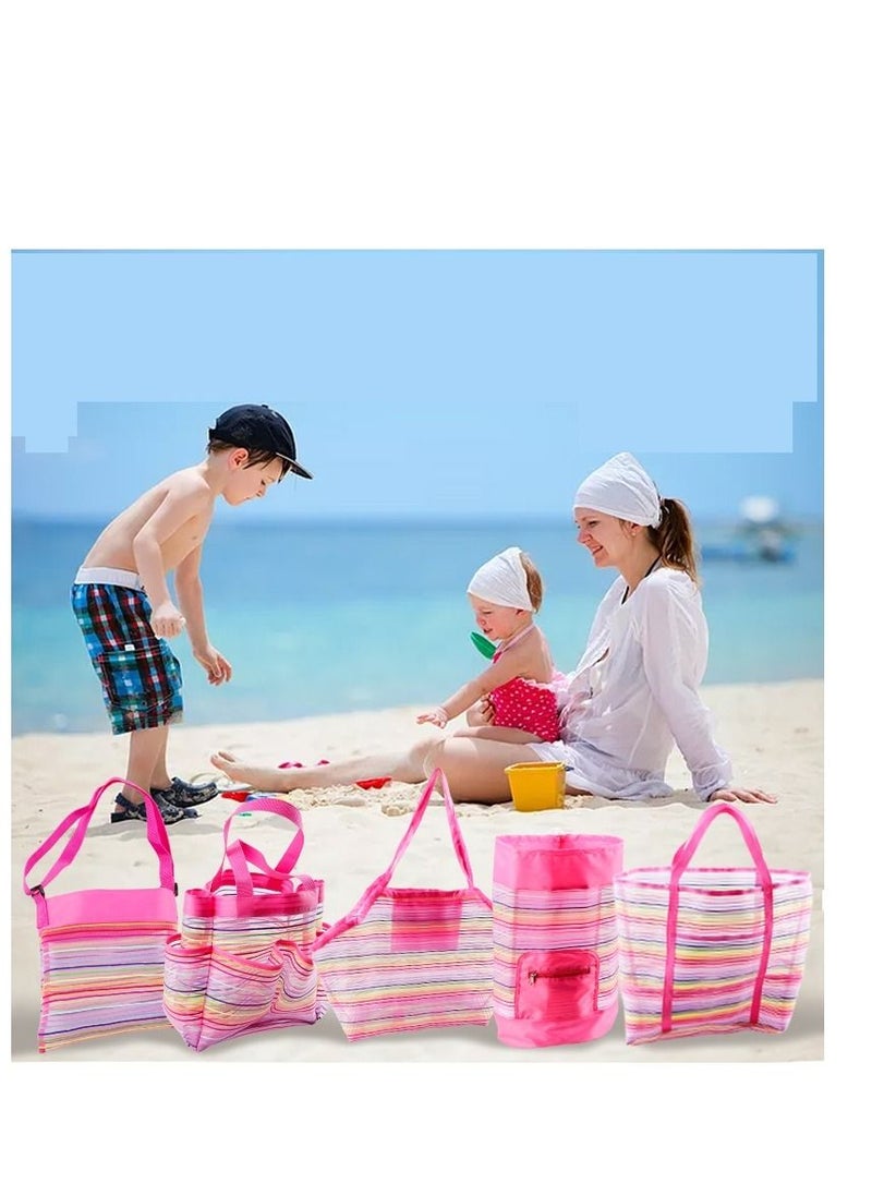 Y&D 5pcs Beach Tote Bag Beach Toy Storage Bag Beach Shell Bag Kids Beach Bag Mesh Pool Bag Rainbow Mesh Storage Toy Backpack  - Image 2