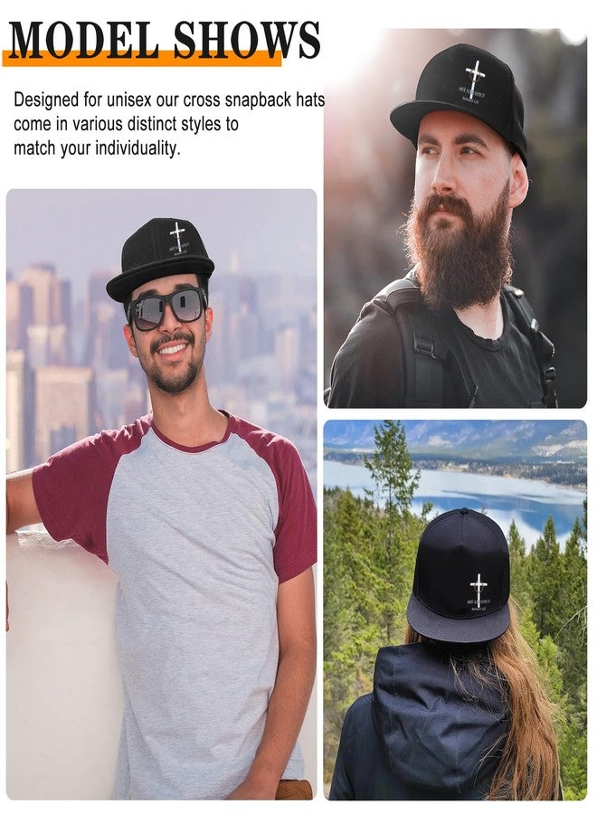 viofre Flat Bill Hats for Men Embroidery Christian Jesus Cross Hats Snapback Hats for Men Flat Brim Fitted Hat Adjustable Black Baseball Cap Adjustable Snap Back Hip Hop Mens Trucker Funny Hat - Image 5