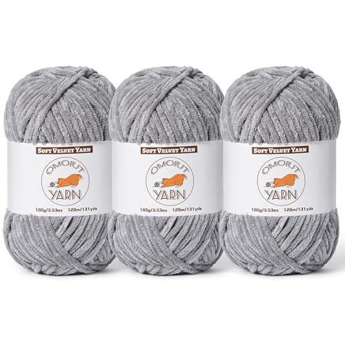 OMoiut 3 Pack Light Gray Fluffy Velvet Yarn for Crocheting, Chunky Chenille Baby Blanket Yarn for Crocheting, Soft Fuzzy Puzzle Yarn for Knitting, (100g/3.53oz Each) Bulky Thick Amigurumi Crochet Yarns - Image 1