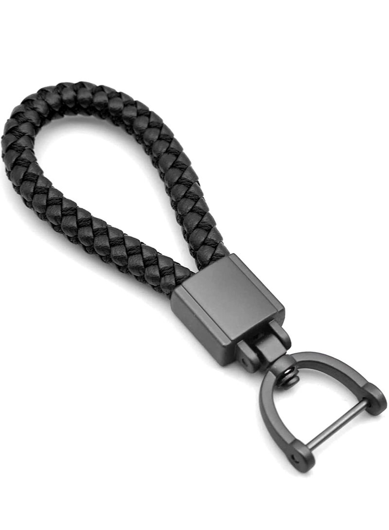 Captaintech Metal Car Keychain, Universal Black Leather, Keyring Woven Strap Braided Rope Key Chain for Men and Women - Matte  Color, with 360 Degree Rotatable D-Ring with Removal Tool - Image 1