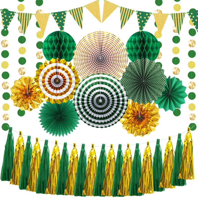 Paper Fans Party Decorations Glitter Paper Triangle Flag Pennant Banner Tassel Garland Circle Banners Party Supplies for Bachelorette Birthday Engagement Wedding Baby Bridal Shower Green Gold