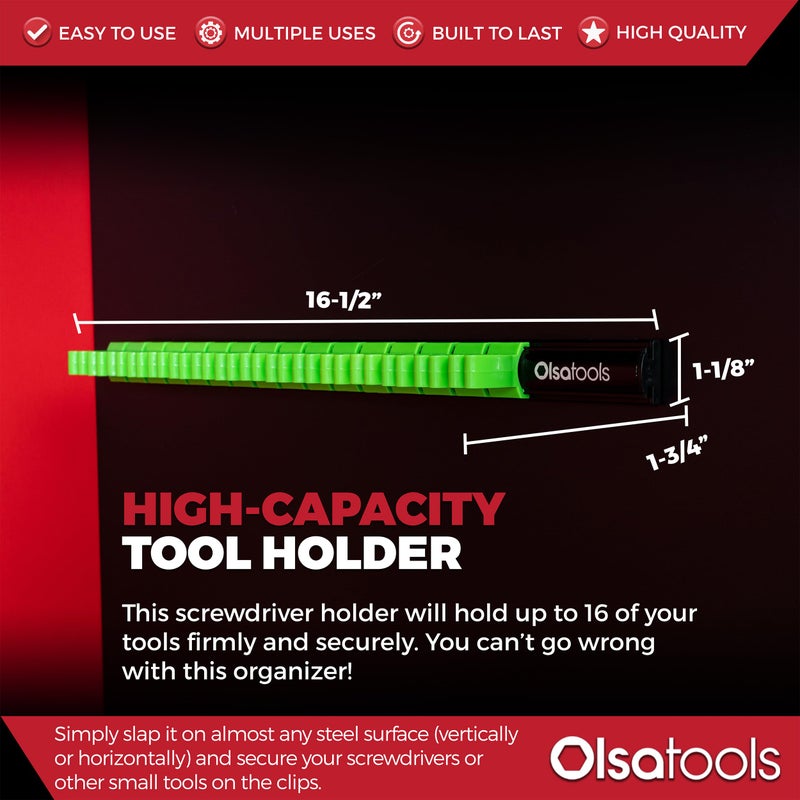 Olsa Tools Magnetic Screwdriver Organizer | Professional Quality Tool Organizer | Fits up to 16 Screwdrivers | Black and Green - Image 4