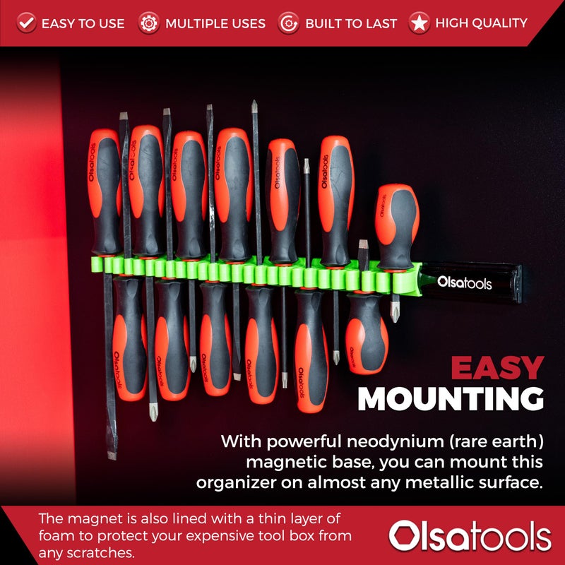 Olsa Tools Magnetic Screwdriver Organizer | Professional Quality Tool Organizer | Fits up to 16 Screwdrivers | Black and Green - Image 3