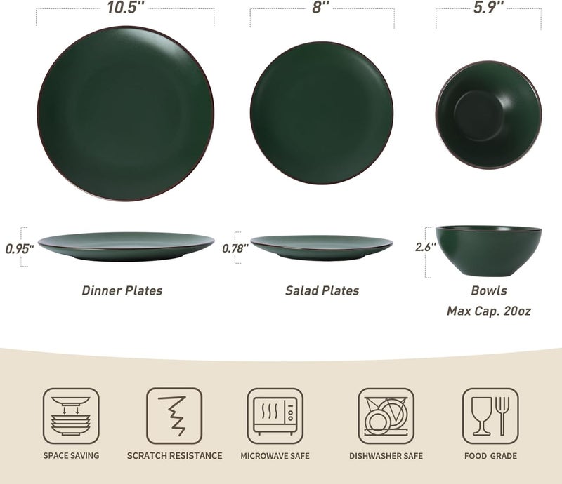Famiware Venus Plates and Bowls Sets 12 Pieces Stoneware Dinnerware Sets Dishes Set for 4 Microwave and Dishwasher Safe Dark Green - Image 2