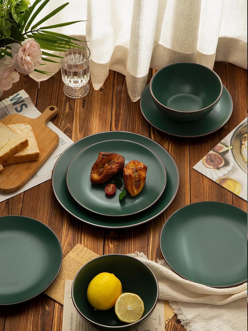 Famiware Venus Plates and Bowls Sets 12 Pieces Stoneware Dinnerware Sets Dishes Set for 4 Microwave and Dishwasher Safe Dark Green - Image 5