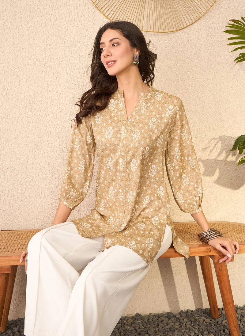 زيري سوق Beige Cotton Blend Floral Printed Tunic Only