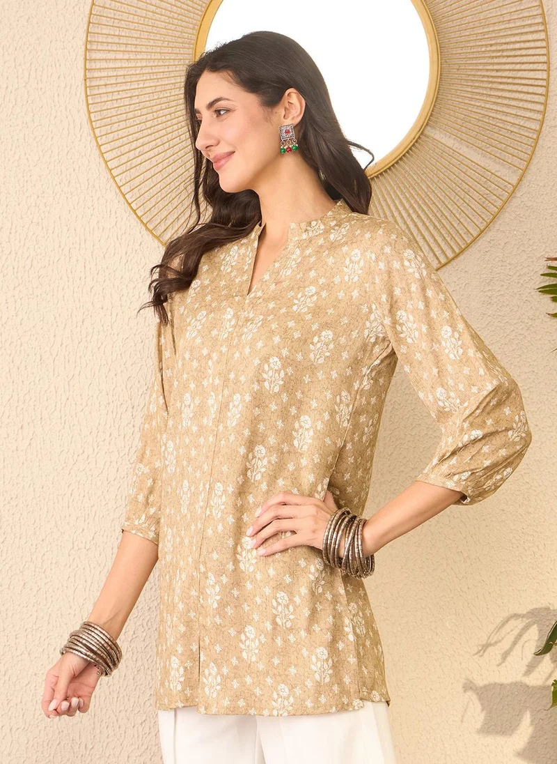 زيري سوق Beige Cotton Blend Floral Printed Tunic Only