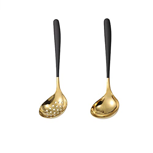 MBBITL Black Gold Soup Ladle Colander Slotted Spoon Set Skimmer Strainer Gravy Sauce Server Stainless Steel - Image 1