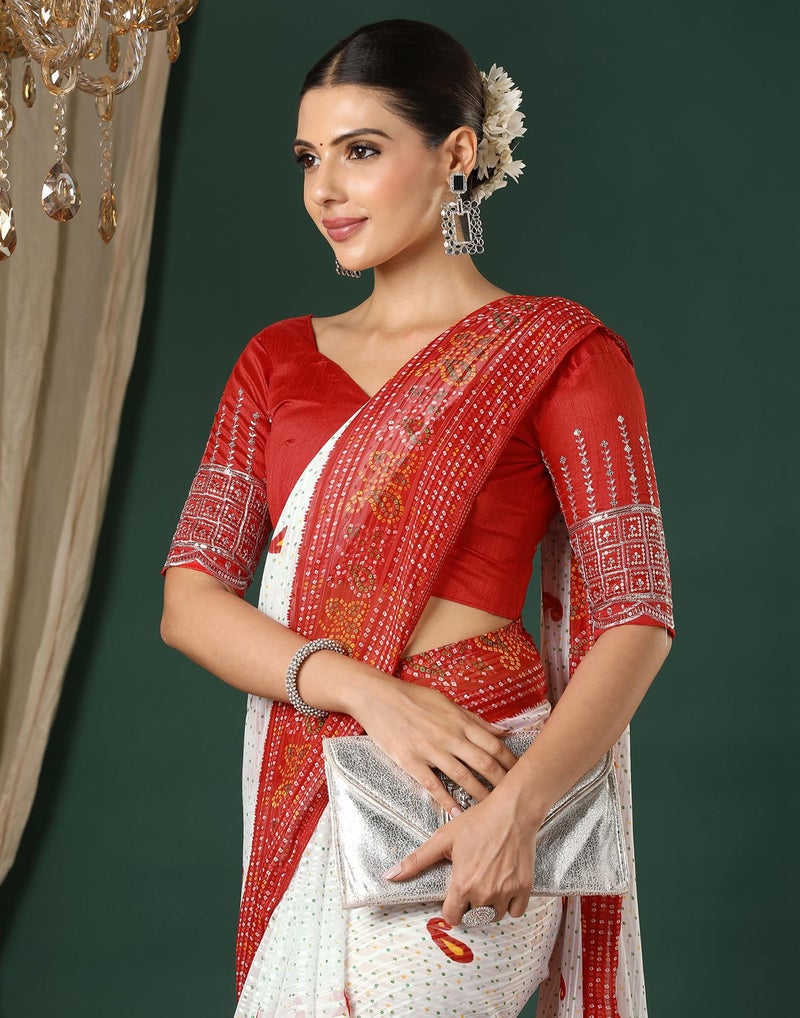 SIRIL Women's Georgette Zari Stripe Printed Bandhani Saree with Unstitched Blouse Piece (4358S274_Red & White) - Image 5