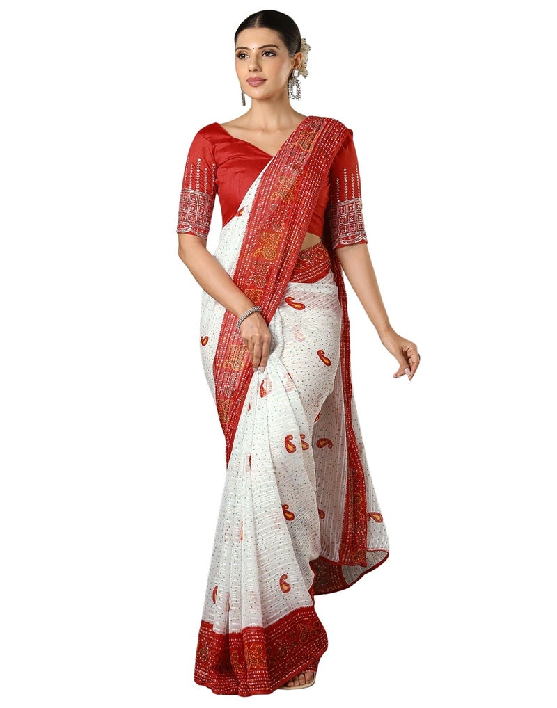 SIRIL Women's Georgette Zari Stripe Printed Bandhani Saree with Unstitched Blouse Piece (4358S274_Red & White) - Image 1