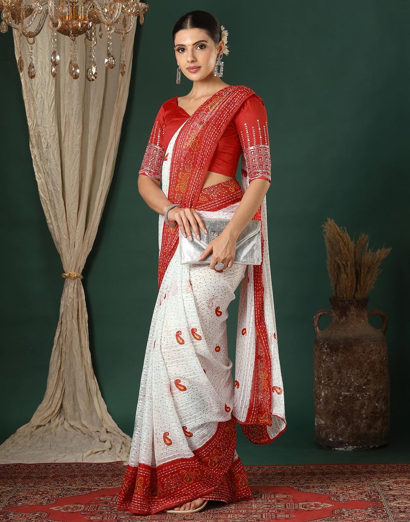 SIRIL Women's Georgette Zari Stripe Printed Bandhani Saree with Unstitched Blouse Piece (4358S274_Red & White) - Image 2