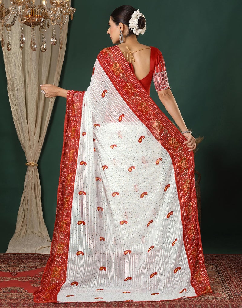 SIRIL Women's Georgette Zari Stripe Printed Bandhani Saree with Unstitched Blouse Piece (4358S274_Red & White) - Image 3